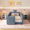 Twin Size Upholstered Platform Bed with Rabbit Ear Headboard & Safety Rail
