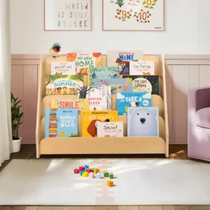 Wood Kids Bookshelf – 4-Tier Front-Facing Book Display