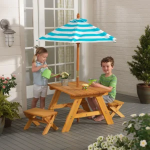 Kids Outdoor Wooden Table & Bench Set with Stripd Umbrella