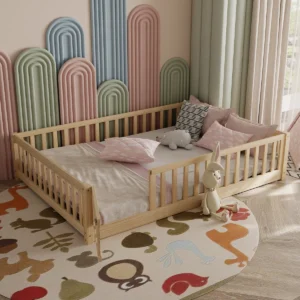 Kids Floor Platform Bed with Fence & Door