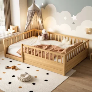 Pine Montessori Floor Bed with Extra-High Safety Guardrails