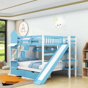 2 Drawers Bunk Bed with Storage Stairs, Slide and Bookcase